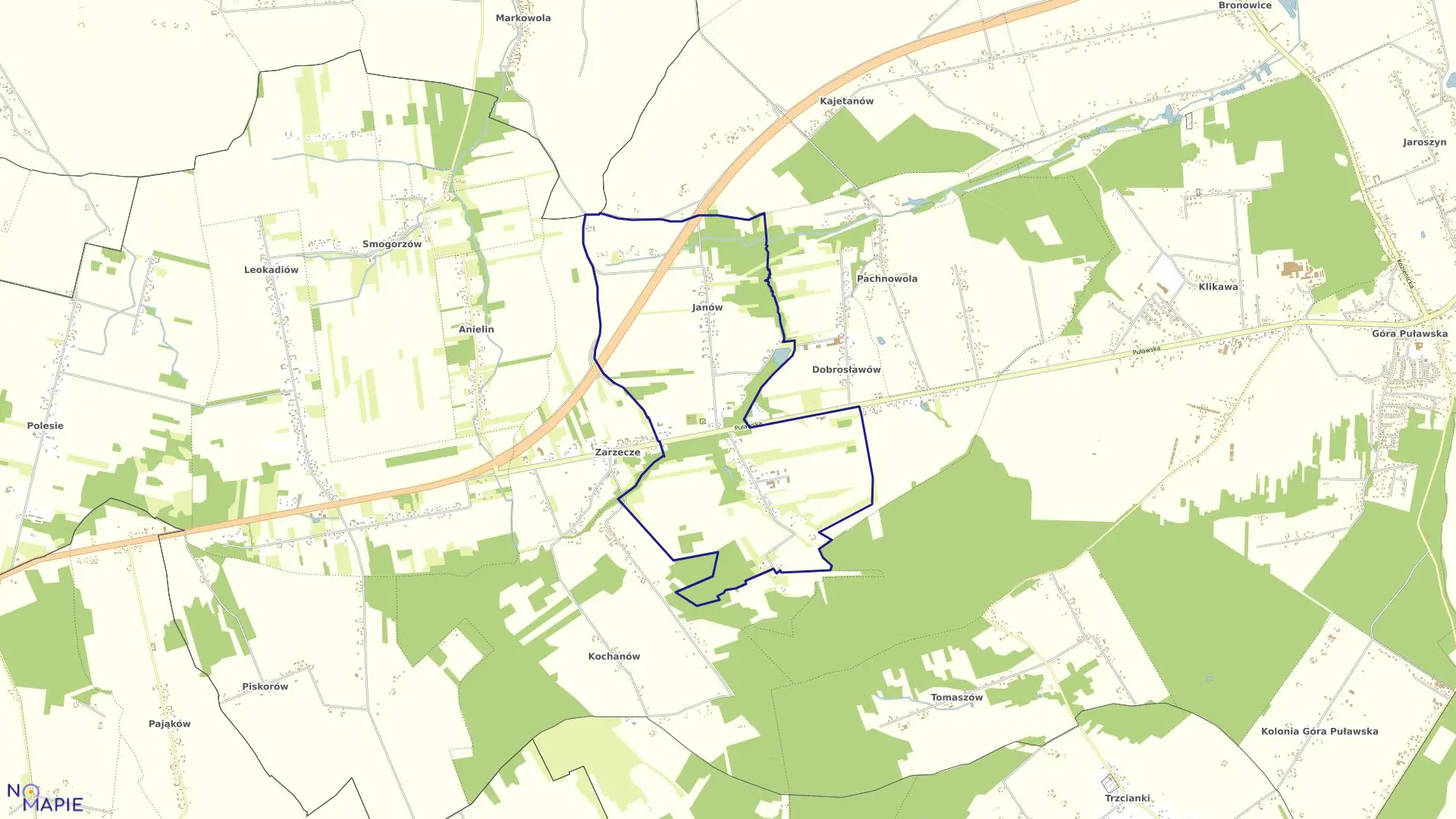 Mapa obrębu JANÓW-SOSNÓW w gminie Puławy